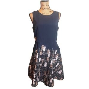 L.A SOUL Womens Whimsical Kawaii Catcore Cat Print Fit & Flare Dress Blue Medium